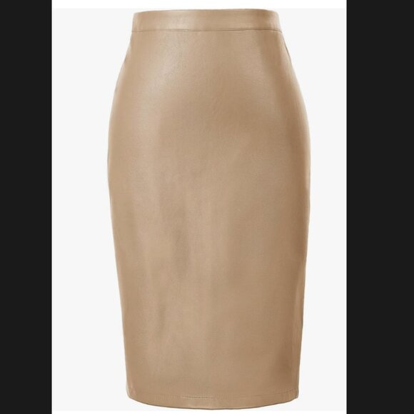 Faux Leather High Waist Knee-Length Bodycon Pencil Midi Skirt - Picture 3 of 6
